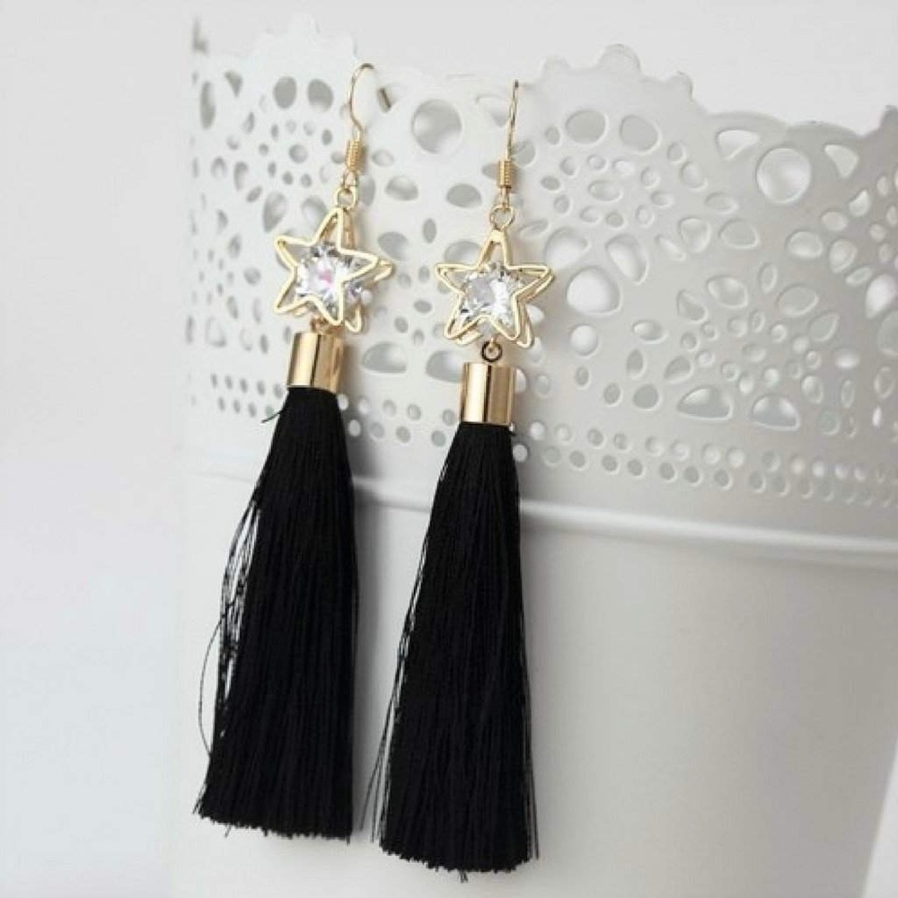 Gold and Black Star Tassel Earrings